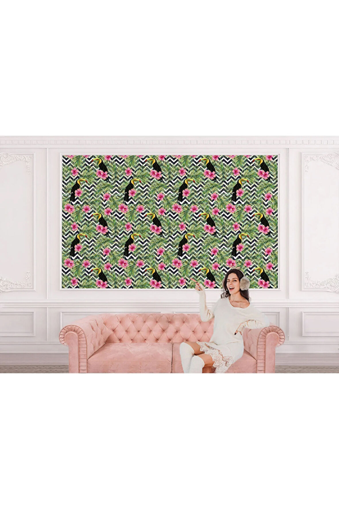 Oxyteez   Tropikal Papağanlar Çiçekli Ağaç Yaprakları Duvar Kağıdı-5569 5569