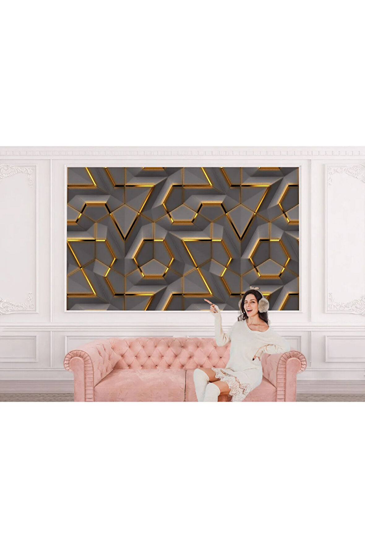 Oxyteez   3D Görünümlü Altın Detaylı Geometrik Desen Duvar Kağıdı-5608 5608