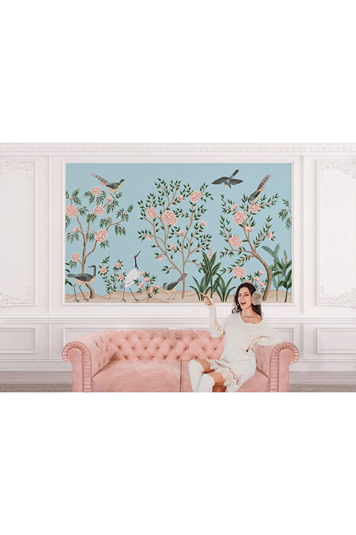 Oxyteez   Pembe Çiçekli Ağaç ve Kuşlar Duvar Kağıdı-5620 5620