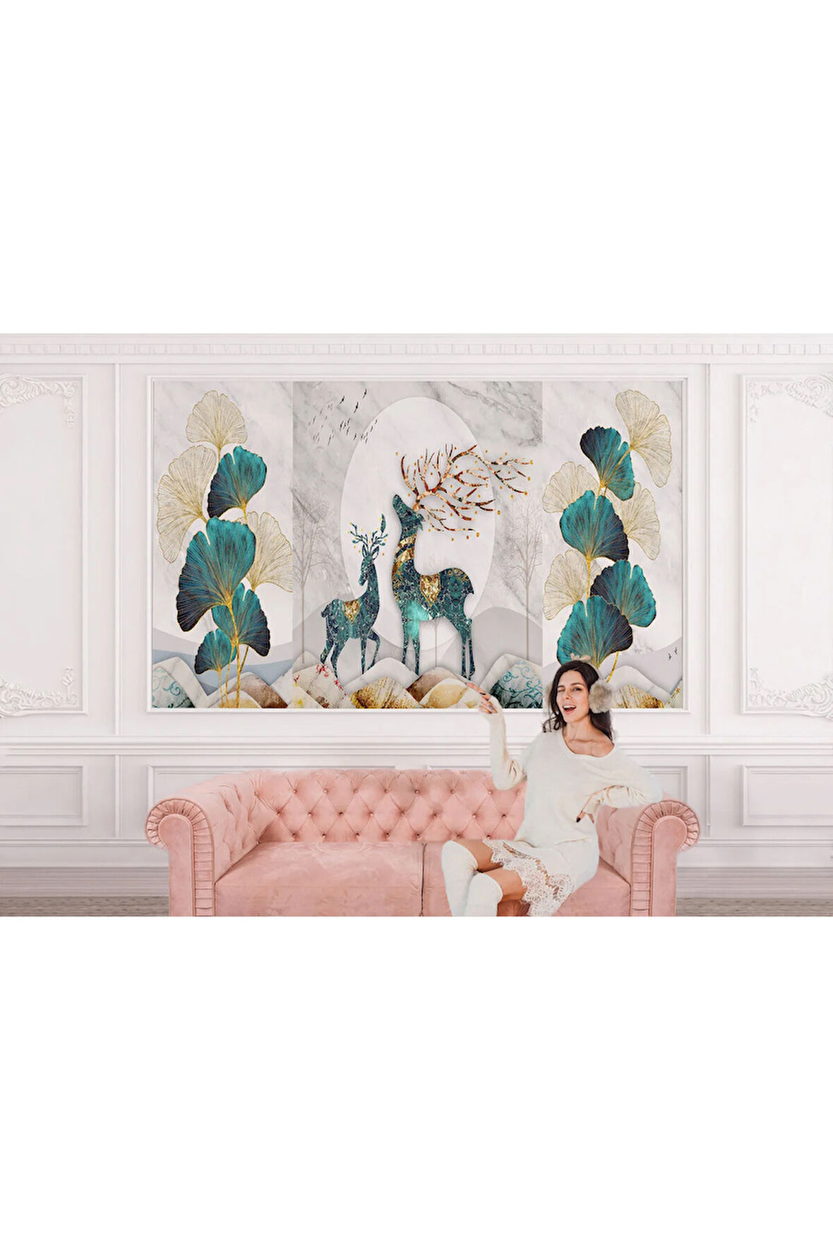 Oxyteez   Altın Detaylı Geyik Ve Yavrusu Desenli Duvar Kağıdı-5635 5635