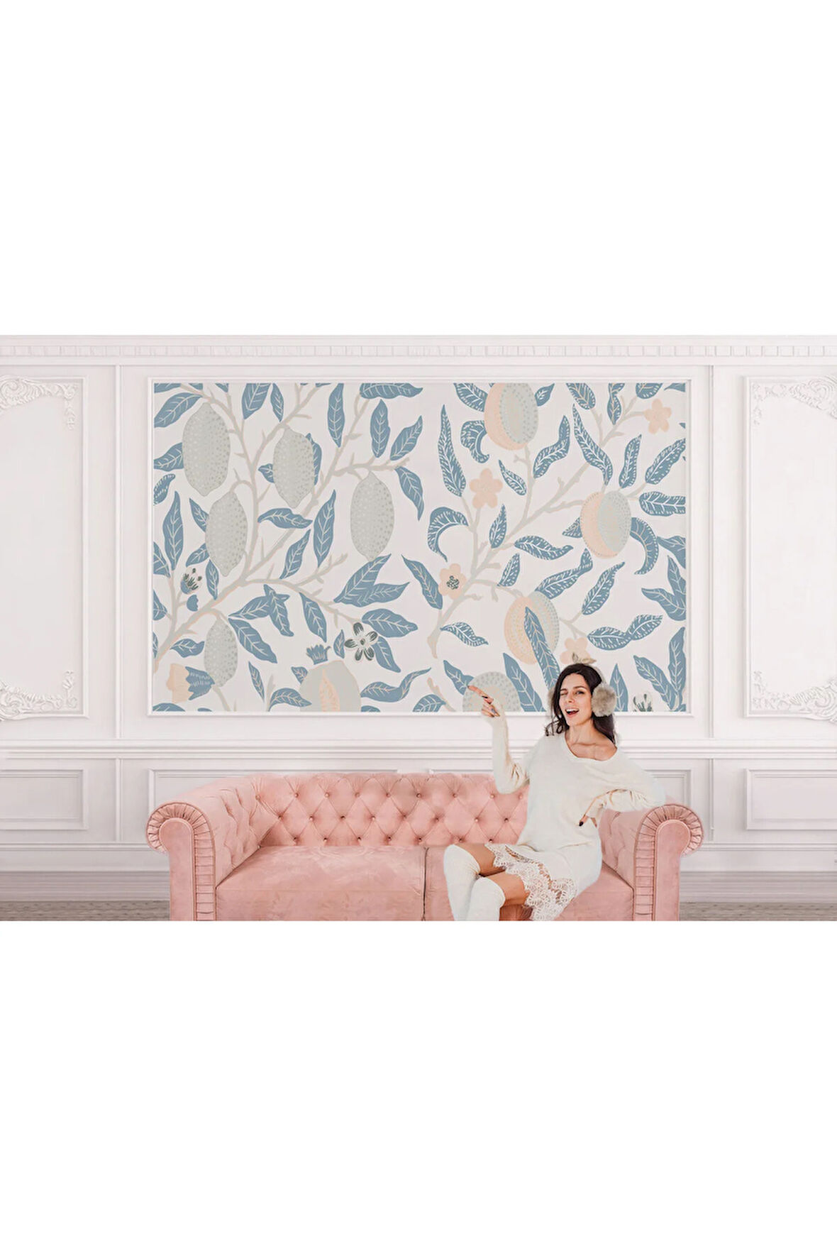 Oxyteez   Mavi Pastel Yapraklar Duvar Kağıdı-5642 5642