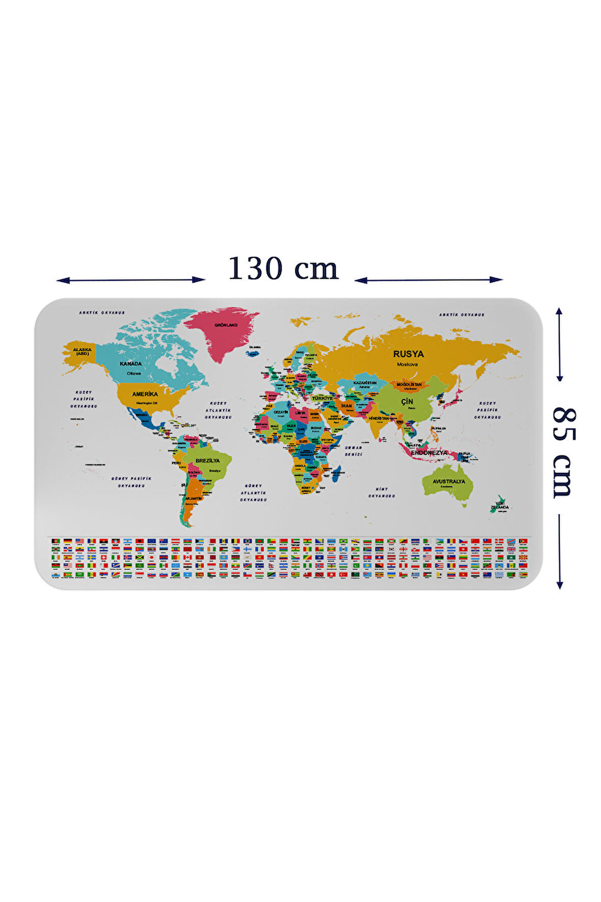 Türkçe Ülke Bayrak lı Eğitici Başkent Detaylı Atlası Dünya Haritası Duvar Sticker-85x130-3834