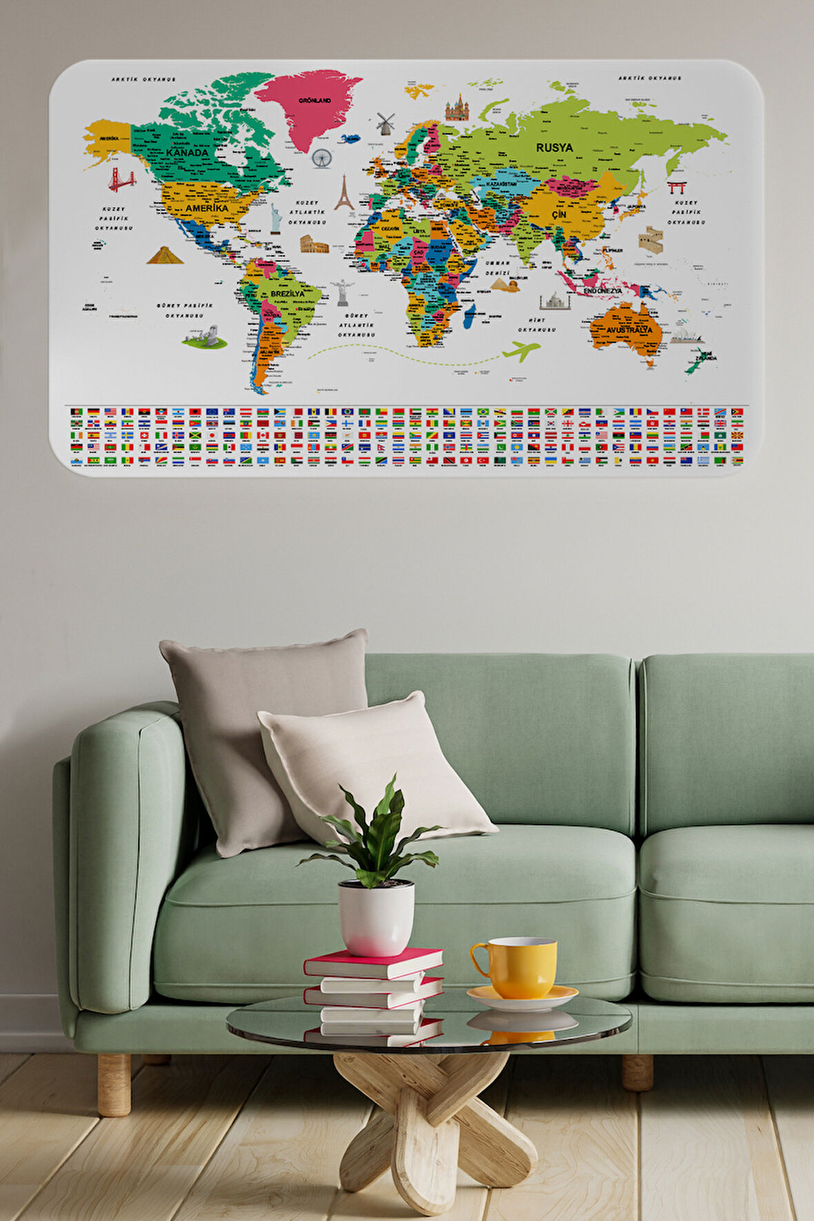 Türkçe Ülke Bayrak lı Eğitici Başkent Detaylı Atlası Dünya Haritası Duvar Sticker -60x105-3841