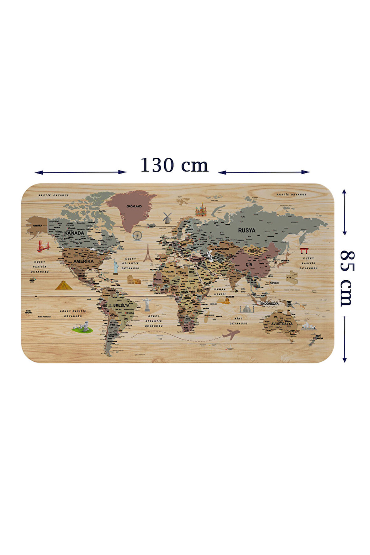 Ahşap Görünümlü Türkçe Eğitici Detaylı Atlası Dünya Haritası Duvar Sticker-85x130-3844