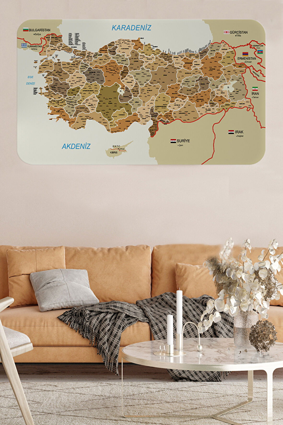 Eğitici ve Öğretici Detaylı Komşulu Türkiye Haritası Duvar Sticker-60x105-3847 | Dekoratif Sticker Duvar Süsü