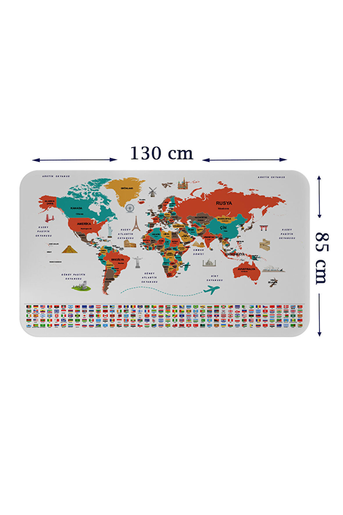 Türkçe Ülke Bayrak lı Eğitici Başkent Detaylı Atlası Dünya Haritası Duvar Sticker-85x130-3858