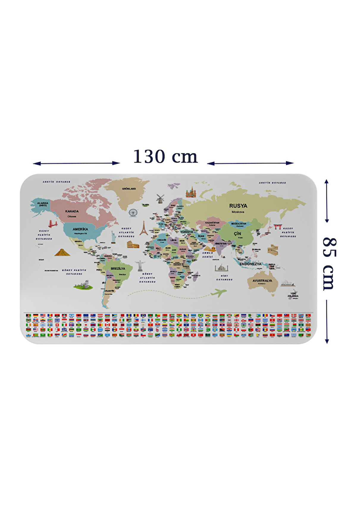 Türkçe Ülke Bayrak lı Eğitici Başkent Detaylı Atlası Dünya Haritası Duvar Sticker-85x130-3859