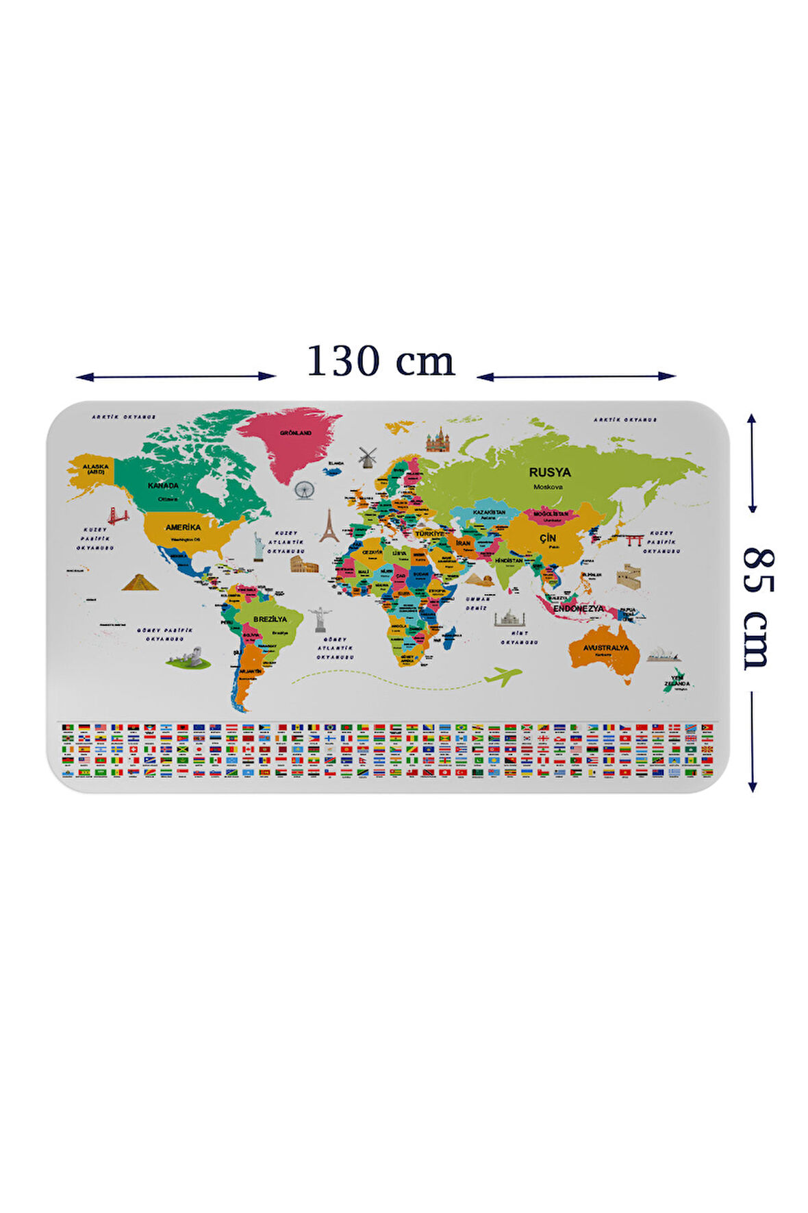 Türkçe Ülke Bayrak lı Eğitici Başkent Detaylı Atlası Dünya Haritası Duvar Sticker-85x130-3860