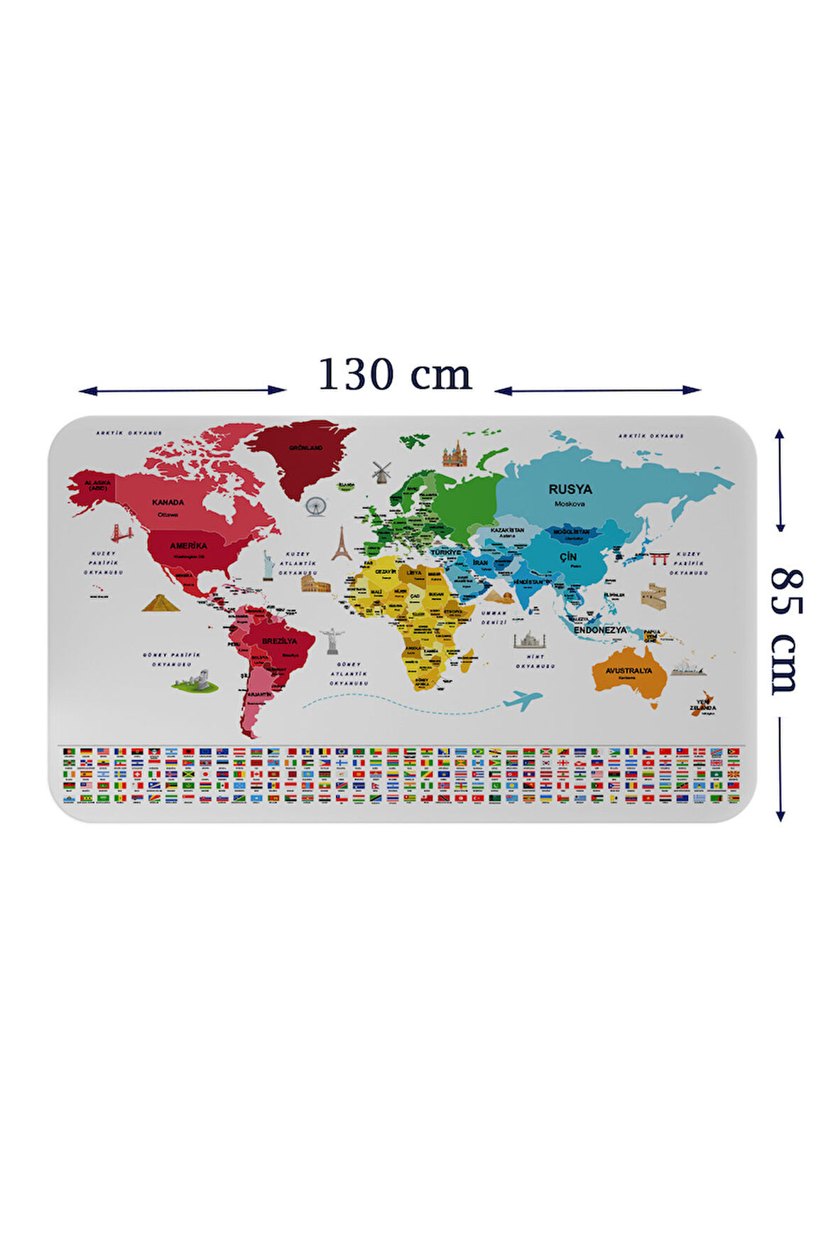 Türkçe Ülke Bayrak lı Eğitici Başkent Detaylı Atlası Dünya Haritası Duvar Sticker-85x130-3861