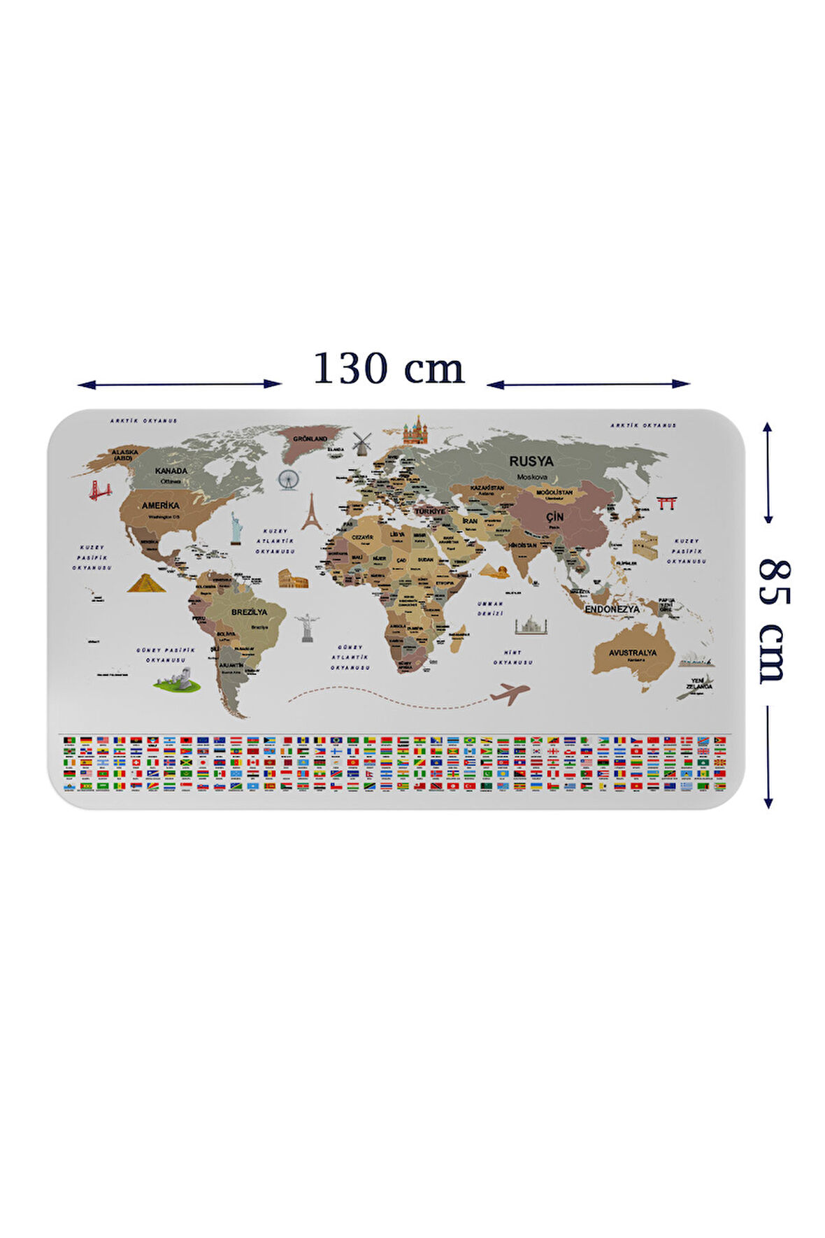 Türkçe Ülke Bayrak lı Eğitici Başkent Detaylı Atlası Dünya Haritası Duvar Sticker-85x130-3862