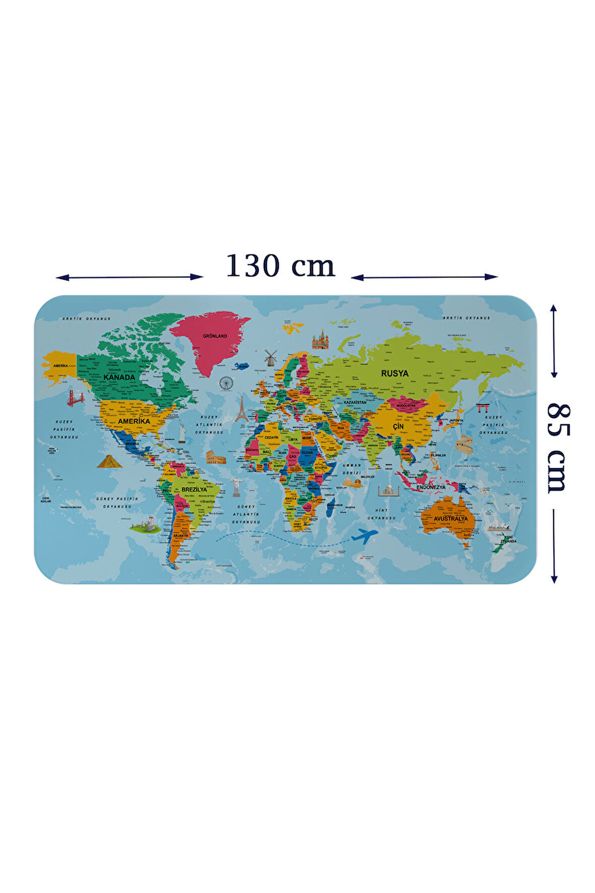 Türkçe Eğitici Ülke ve Başkent Okyanus Detaylı Atlası Dünya Haritası Duvar Sticker -85x130-3865