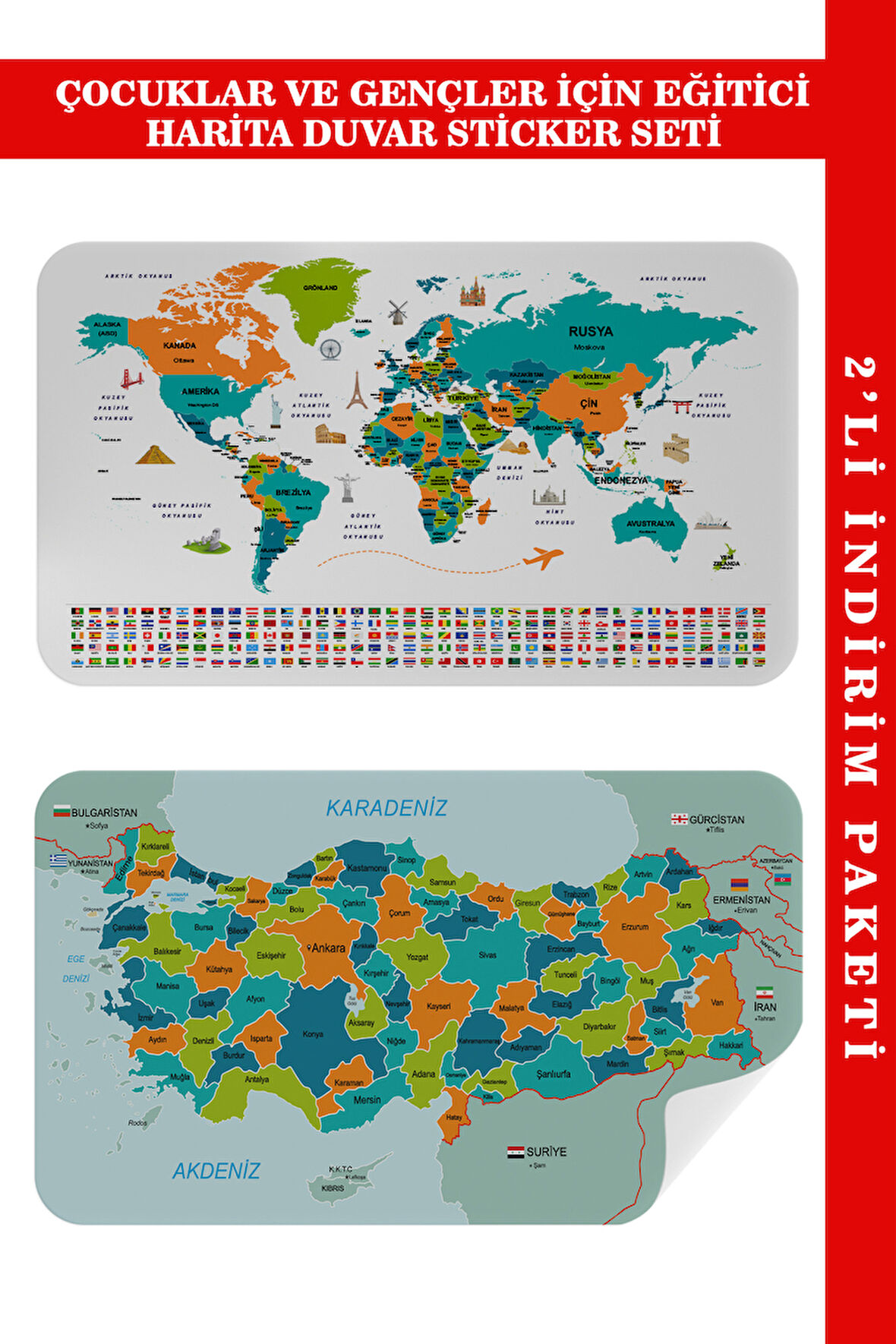 Eğitici Öğretici Dünya ve Türkiye Haritası Çocuk Odası Duvar Sticker-60x105-3887