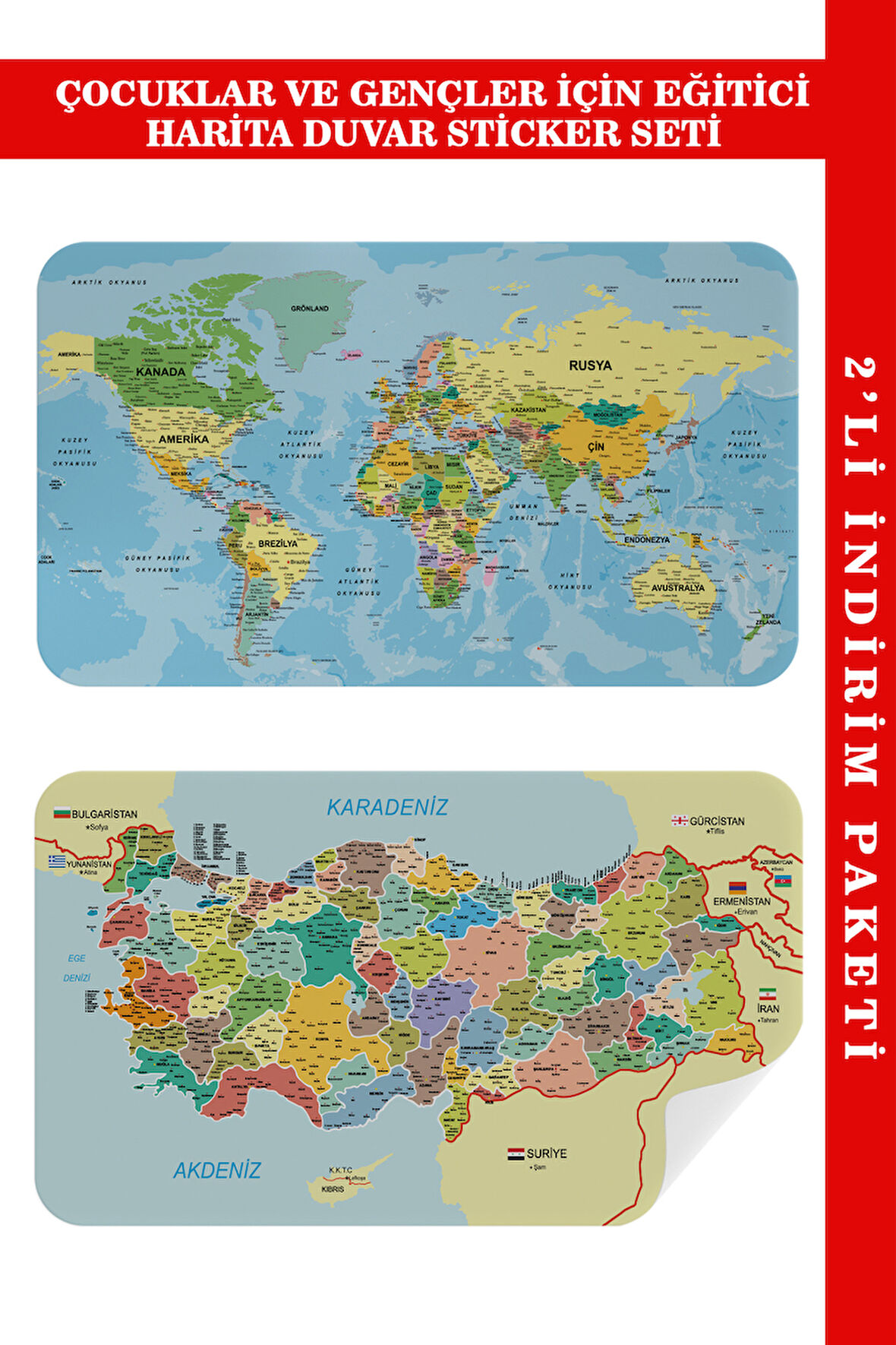 Eğitici - Öğretici Dünya ve Türkiye Haritası Çocuk Odası Duvar Sticker-60x105-3888