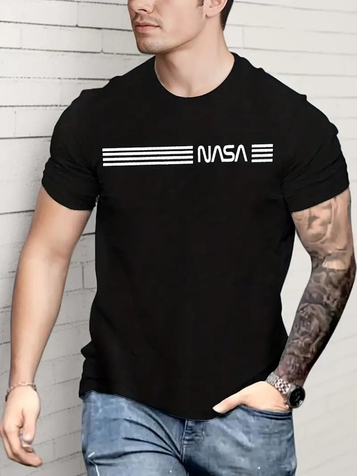 Erkek Kısa Kollu Nasa Baskı Basic Erkek T-shirt