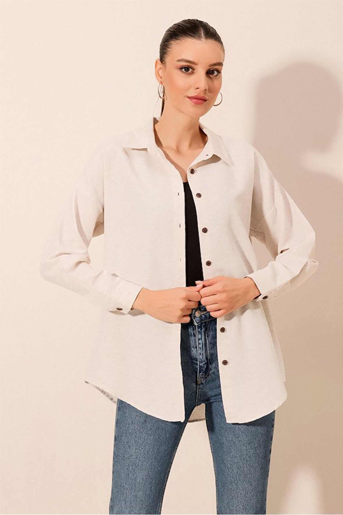 Krem Düz Oversize Uzun Basic Gömlek 3900
