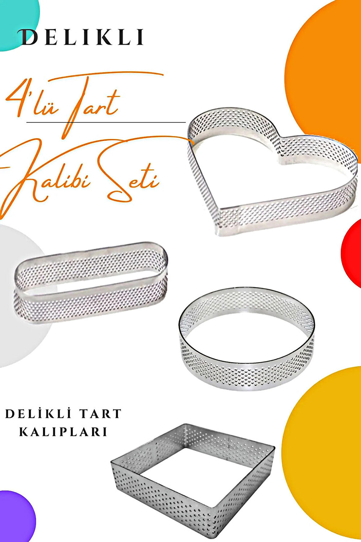 Kare Yuvarlak Kalp Oval Delikli Tart Kalıbı 4'lü Set