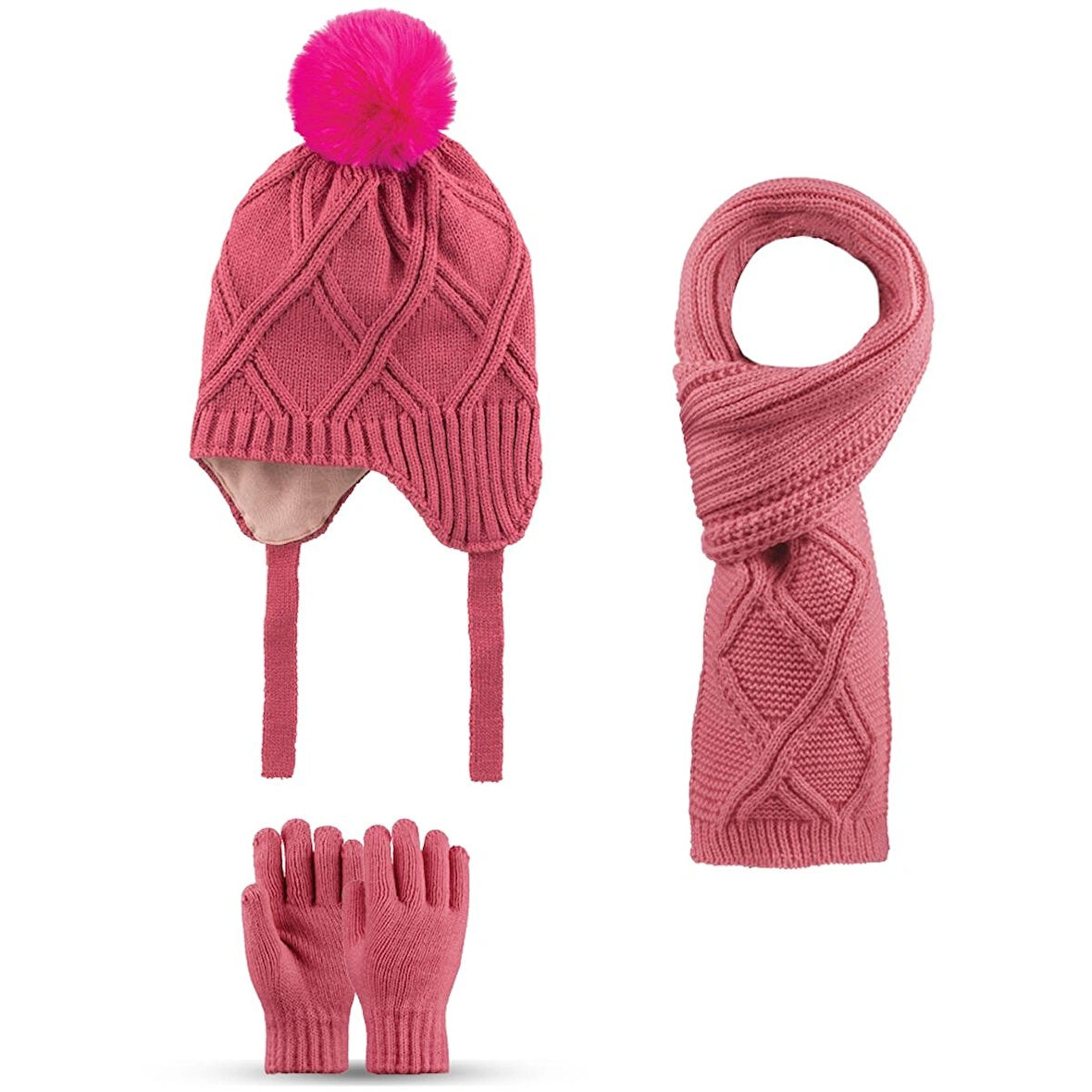 4-8 Yaş  3'lü Takım Kız Atkı, Eldiven ve Şapka Set Içi Polarlı