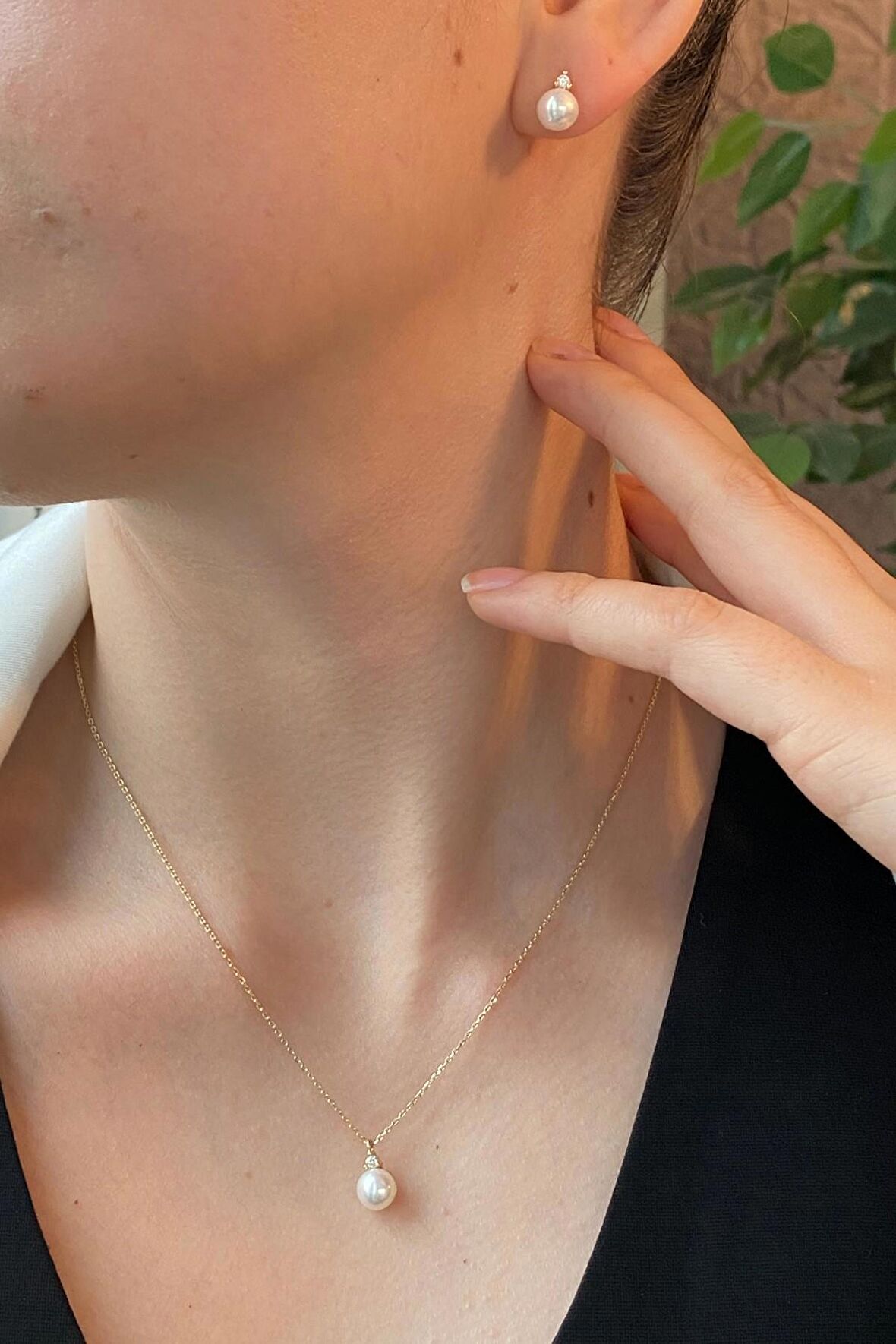 Birinci1926 14 Ayar Altın Ct 0,12  Pırlantalı Tek İnci Kolye Küpe Set