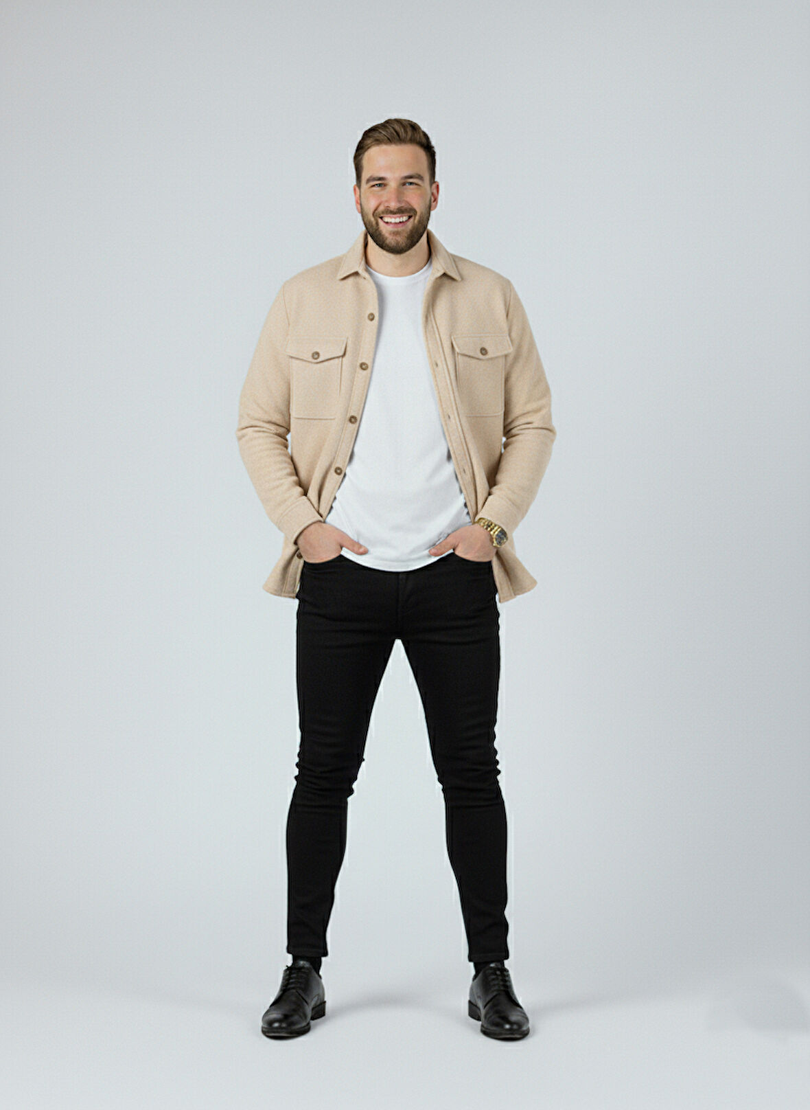 Erkek Slim Fit Düğmeli Yaka Çift Cepli Düz Polar Erkek Gömlek