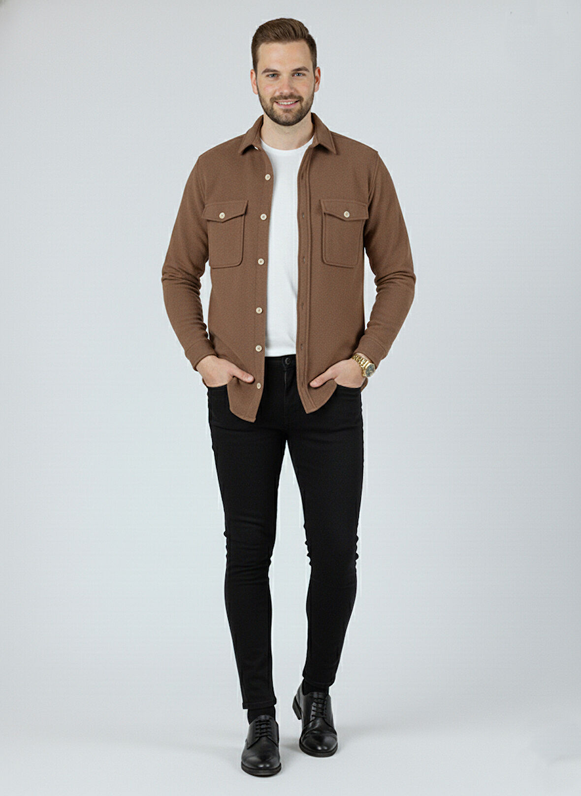 Erkek Slim Fit Düğmeli Yaka Çift Cepli Düz Polar Erkek Gömlek