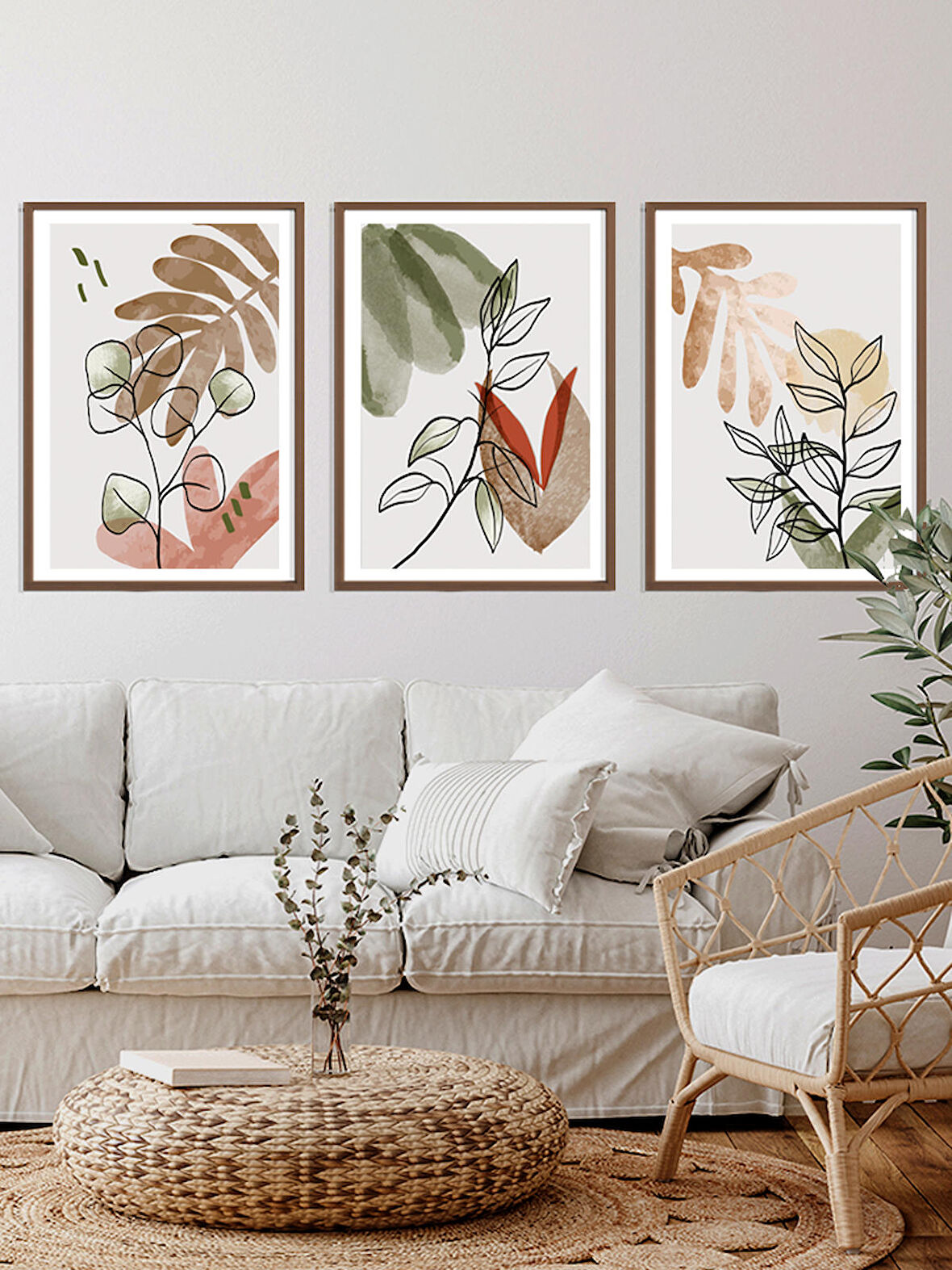 Soft Çiçekler Ahşap Çerçeveli Tablo Set (Vetro Design)