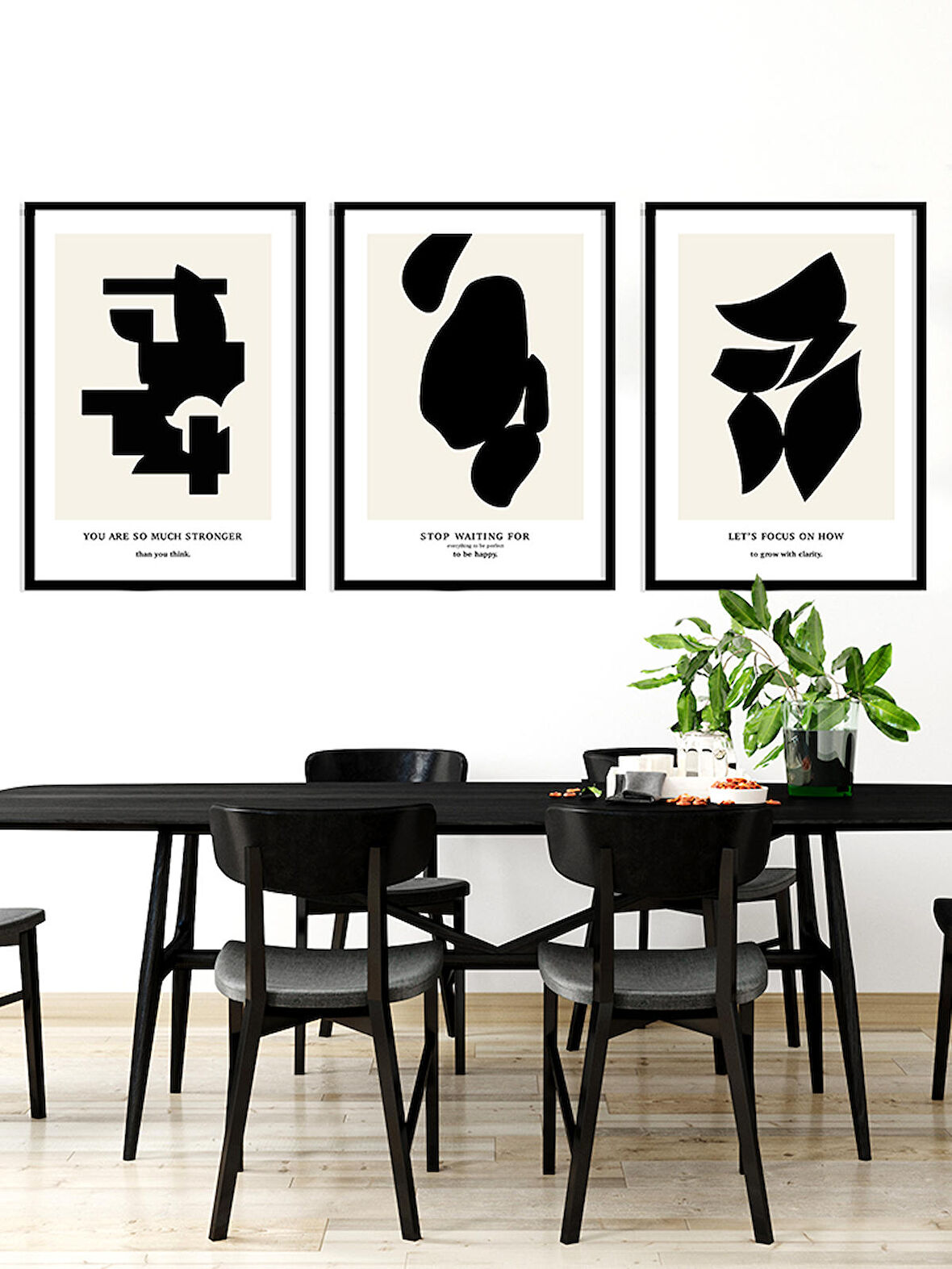 Siyah Abstract ve Mottolar Çerçeveli Tablo Set