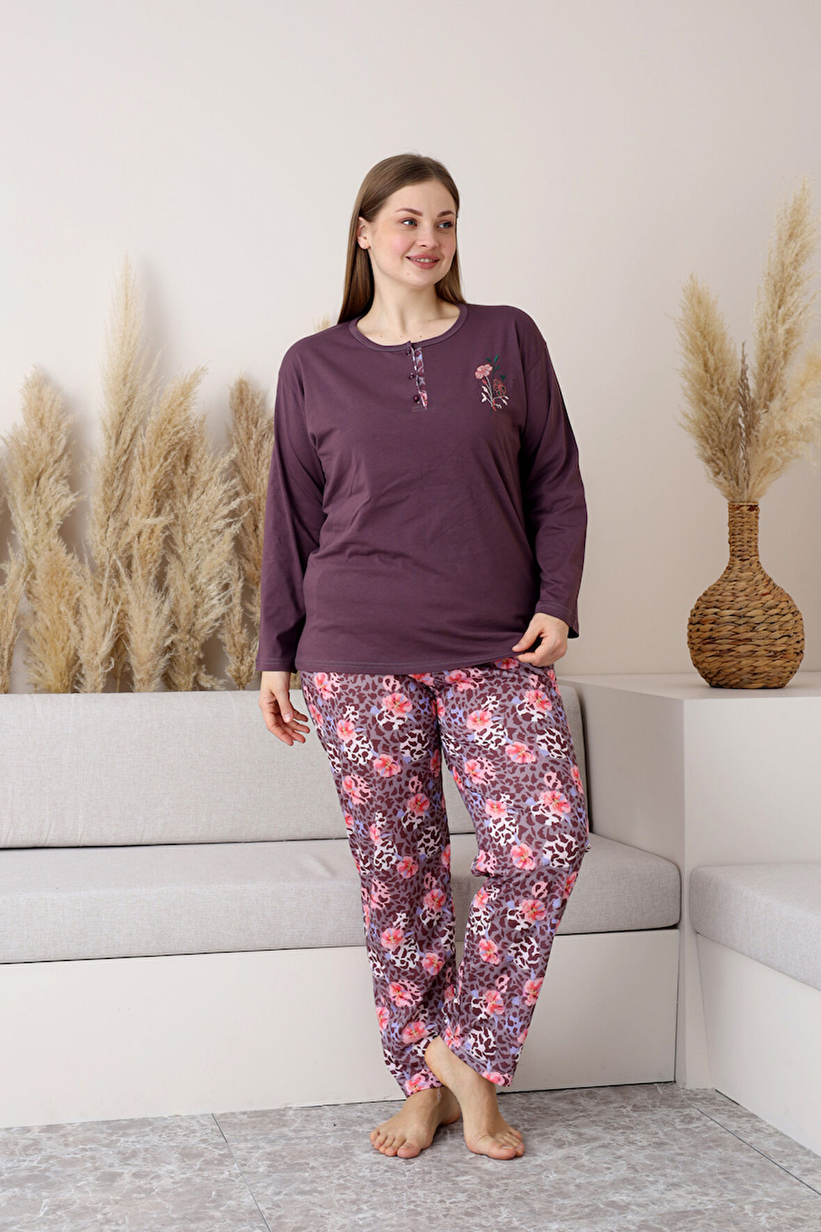 Nisanca Uzun Kollu %100 Pamuk Büyük Beden Anne Pijama Takımı- Anne Özel Serisi