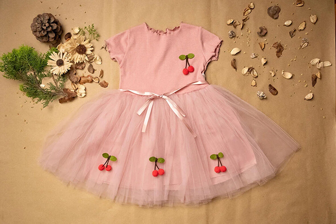 Kız Bebek Çocuk Tütülü  Kirazlı Elbise