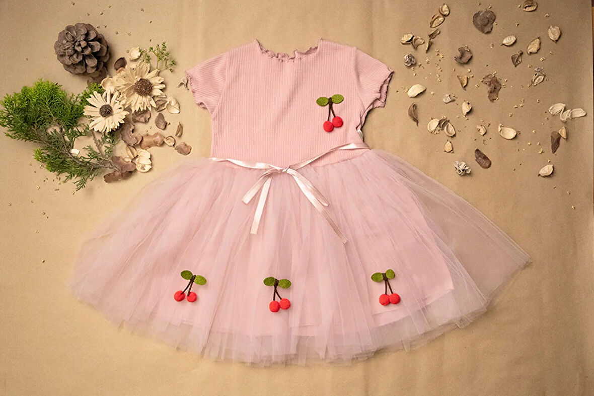 Kız Bebek Çocuk Tütülü  Kirazlı Elbise