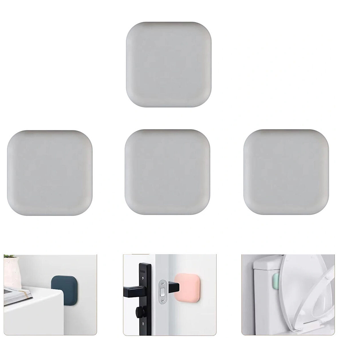 Microcase Darbe Önleyici Yapışkanlı Silikon Kapı Kolu Stoperi Tamponu Kare Tasarım - GRİ AL5004 4 Adet