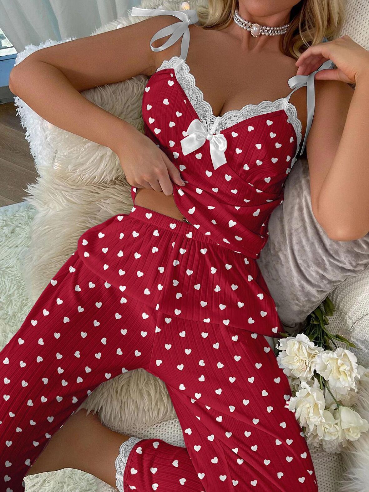 Askılı Pijama Takımı Love Kırmızı DZRN-RENKLİ