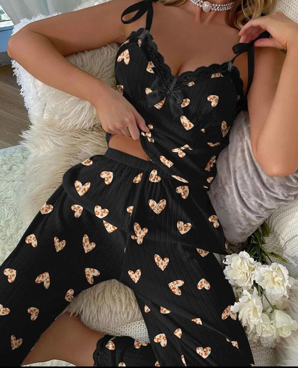 Askılı Pijama Takımı Sarı Kalpli Fitilli DZRN-RENKLİ