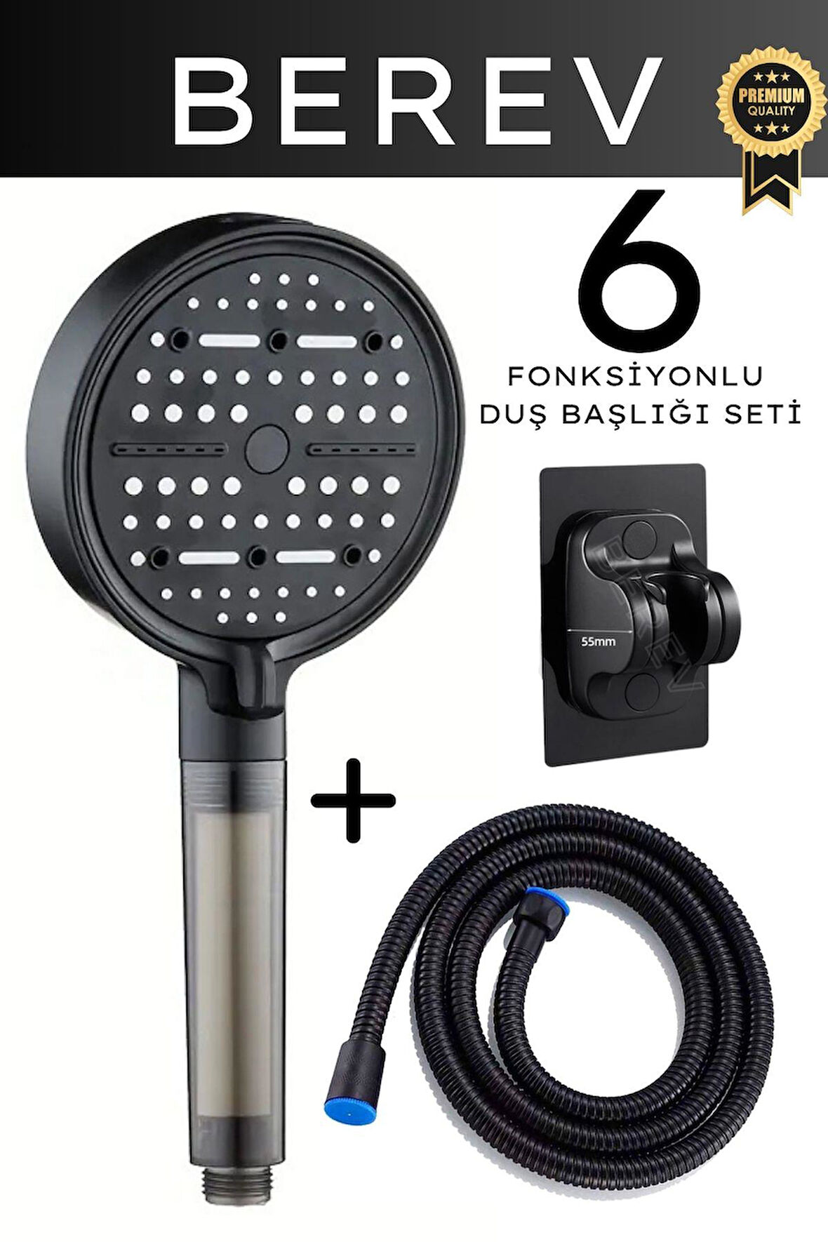 6 Fonksiyonlu Filtreli Duş Başlığı 150 Cm Siyah Duş Hortumu Yapışkanlı Askı Su Tasarruflu Basınçlı Kireç Klor Önleyici