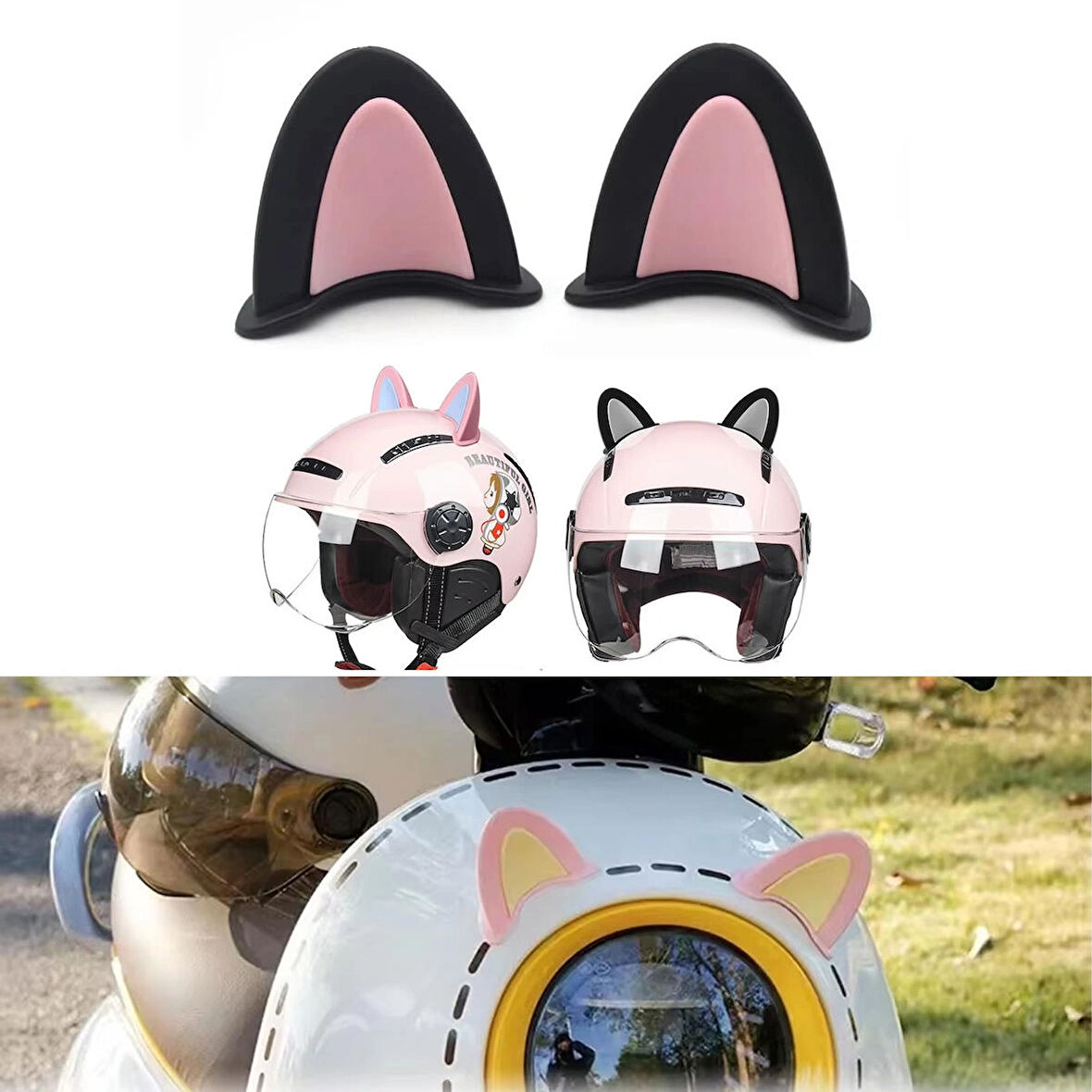 Microcase Motosiklet Kask Eşyalar İçin Sevimli DIY Yapışkanlı Karakter ve Parçalar Kedi Kulağı Seti - SİYAH-PEMBE AL5258