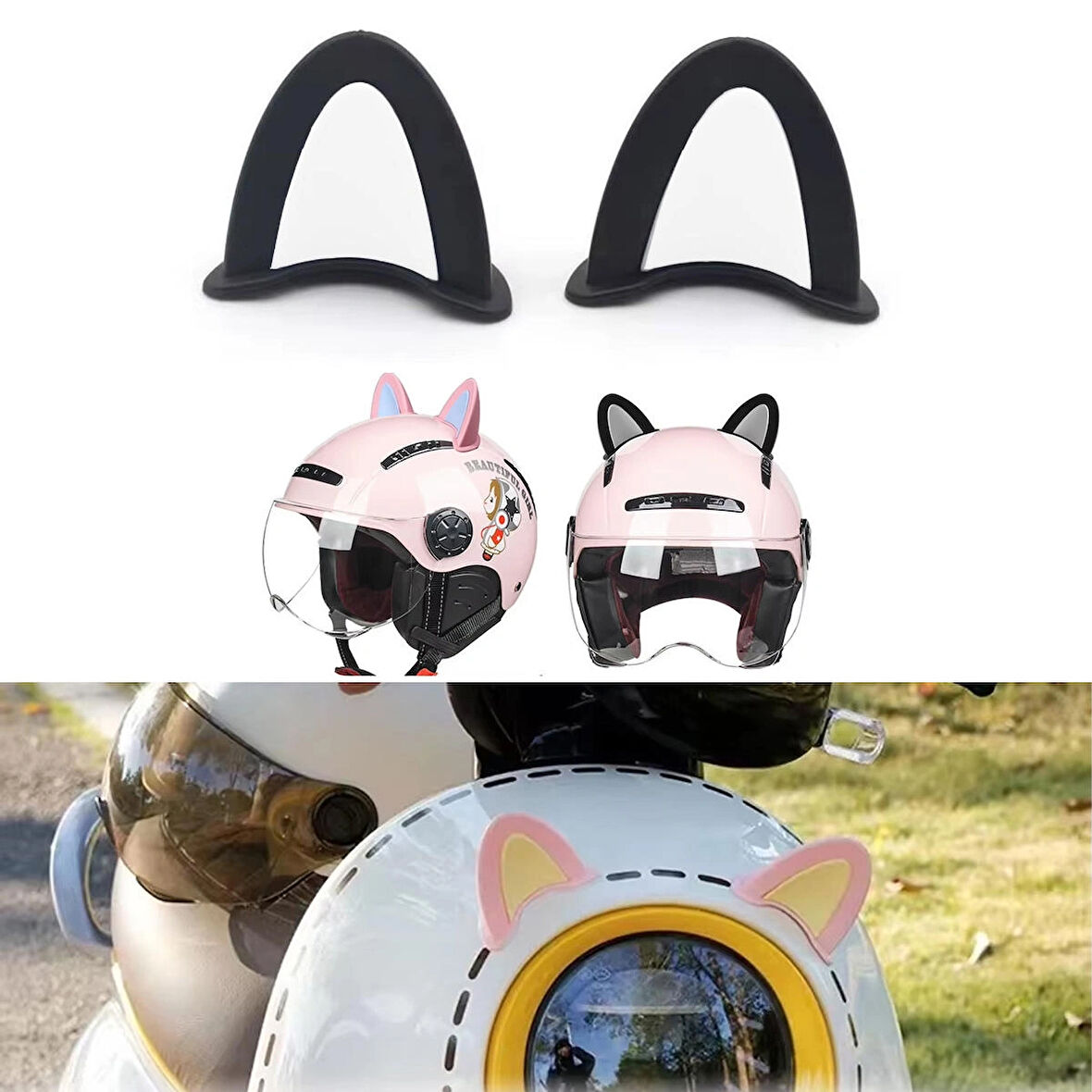 Microcase Motosiklet Kask Eşyalar İçin Sevimli DIY Yapışkanlı Karakter ve Parçalar Kedi Kulağı Seti - SİYAH-BEYAZ AL5258