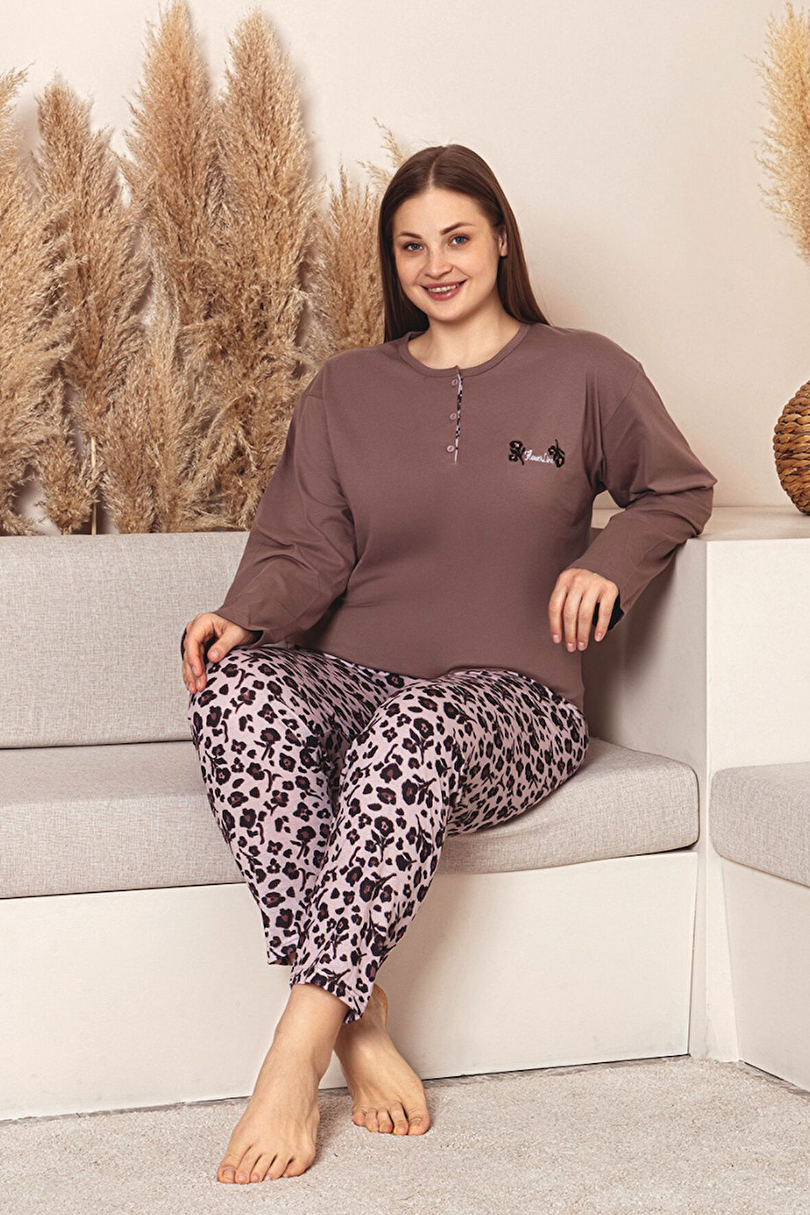 Nisanca Uzun Kollu %100 Pamuk Büyük Beden Anne Pijama Takımı- Anne Özel Serisi