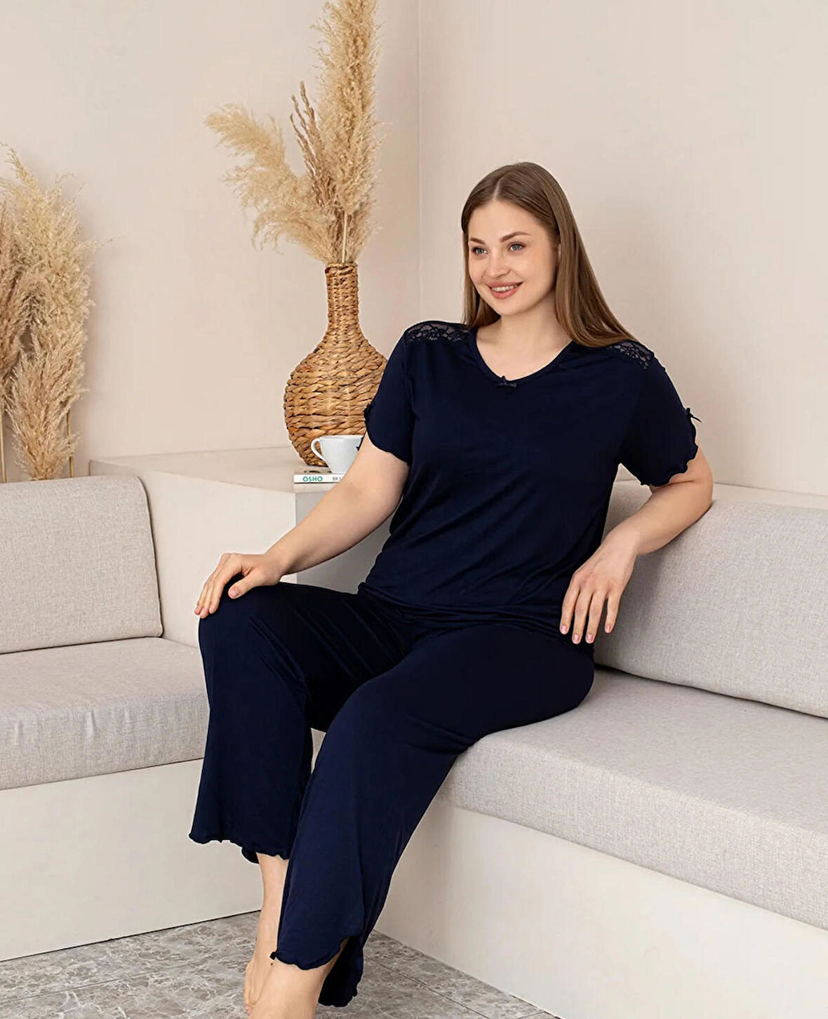 Lukitus Büyük Beden Battal Bambu Dantel Detaylı Kısa Kol Kadın Pijama Takımı