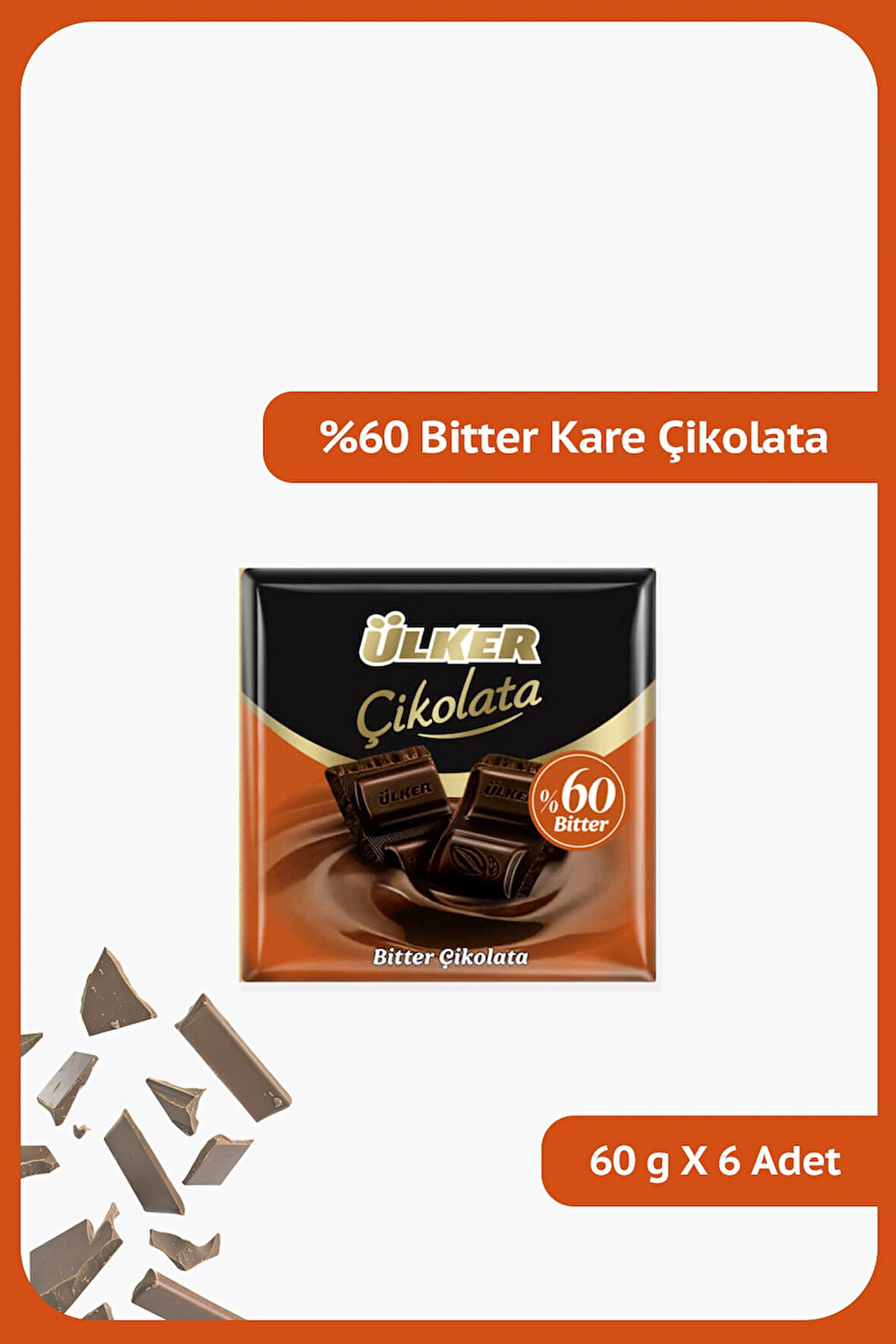 ÜLKER 60% Bitter Kare Çikolata - 60 gram - 6 Adet