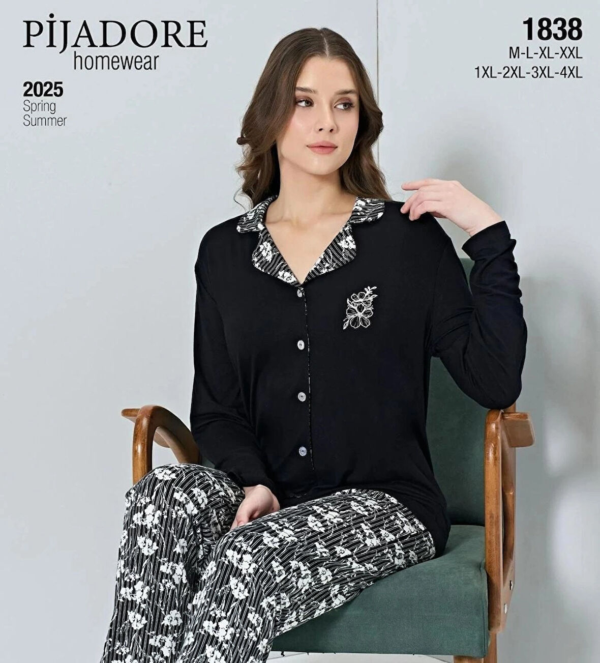 Pijadore Kadın Battal Uzun Kollu Boydan Düğmeli Pijama Takımı Siyah