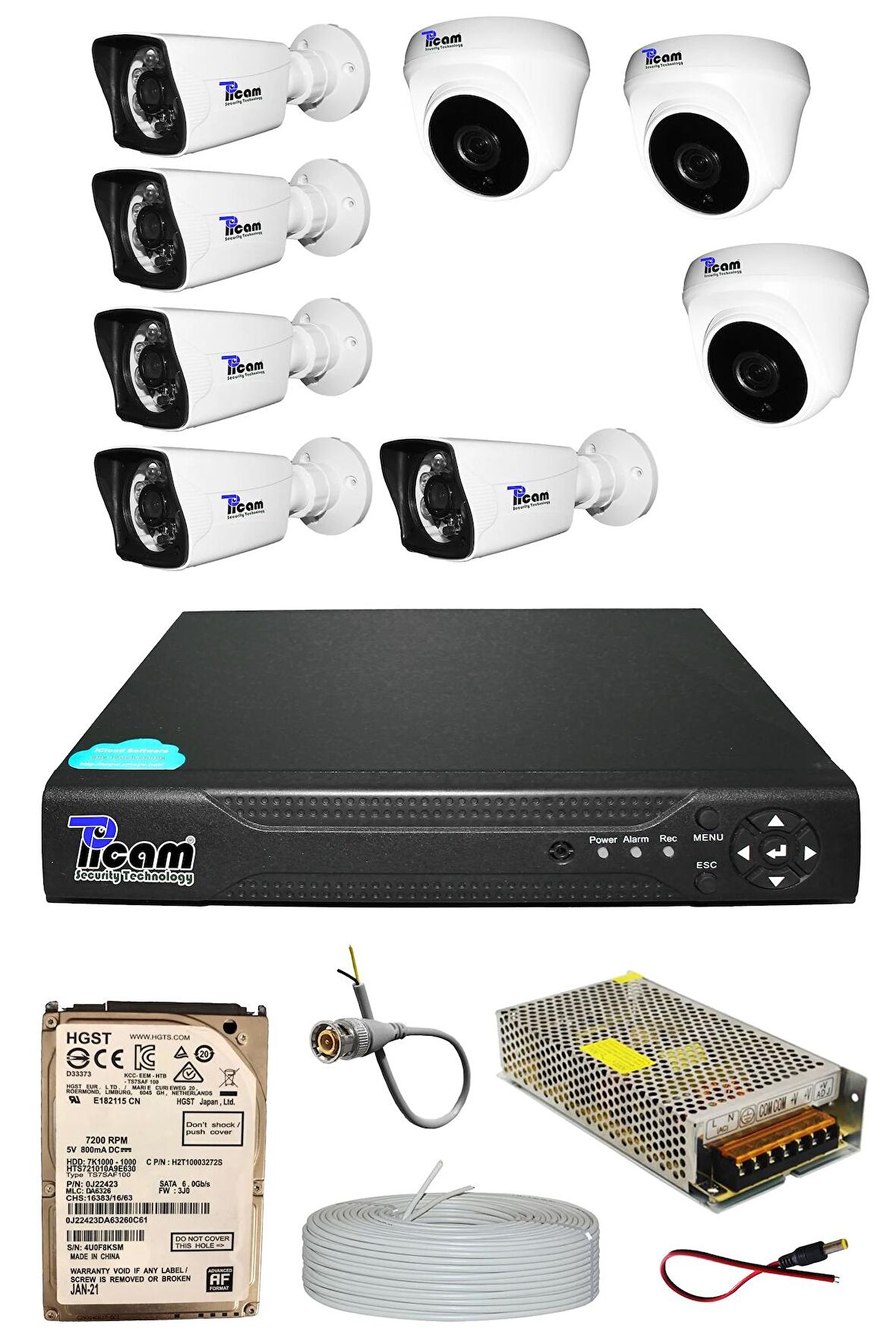 Picam Pro 8 Kameralı 5 Bullet 3 Dome Full HD Sony Lensli Kamera Gece Görüşlü 500 GB Kamera Seti