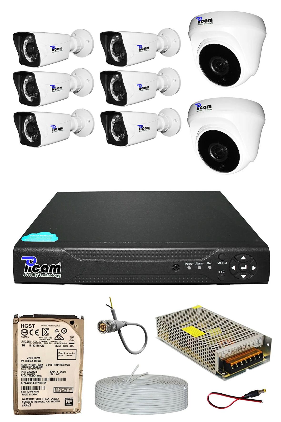 Picam Pro 8 Kameralı 6 Bullet 2 Dome Full HD Sony Lensli Kamera Gece Görüşlü 1 TB Kamera Seti