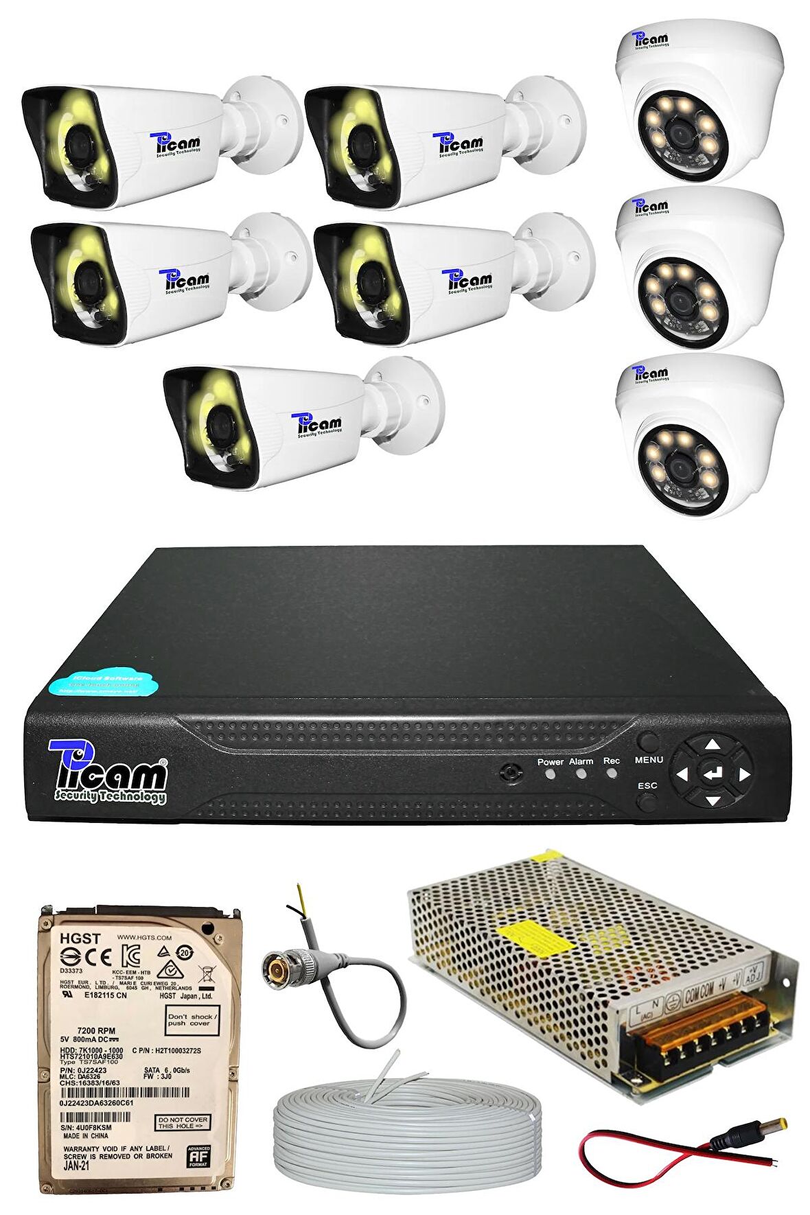 Picam Pro 8 Kameralı 5 Bullet 3 Dome Full HD Sony Lensli Kamera Gece Renkli Görüşlü 500 GB Kamera Seti