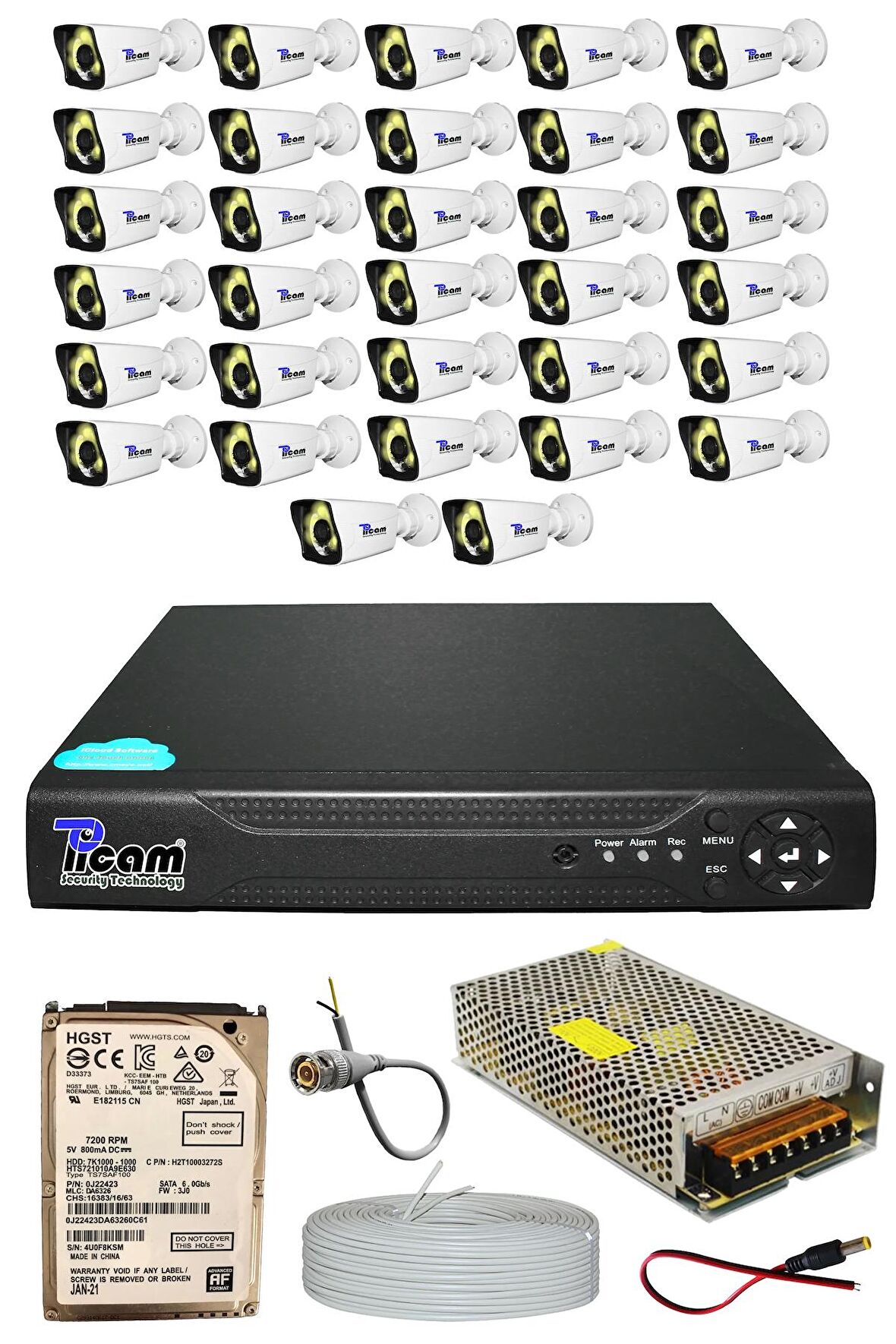 Picam Pro 32 Kameralı 32 Bullet Full HD Sony Lensli Kamera Gece Renkli Görüşlü 1 TB Kamera Seti
