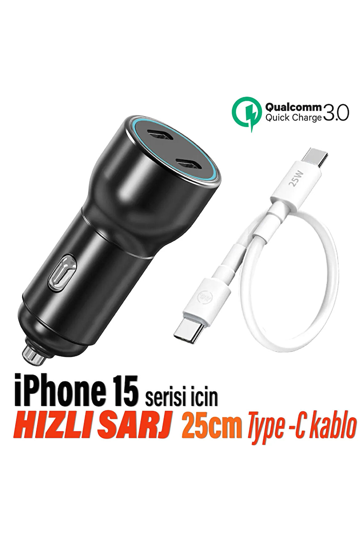 Hızlı Araç Şarj Aleti iPhone 15 15 Pro 15 Pro Max Uyumlu - Araba Şarjı Cihazı ve 25cm Kablo