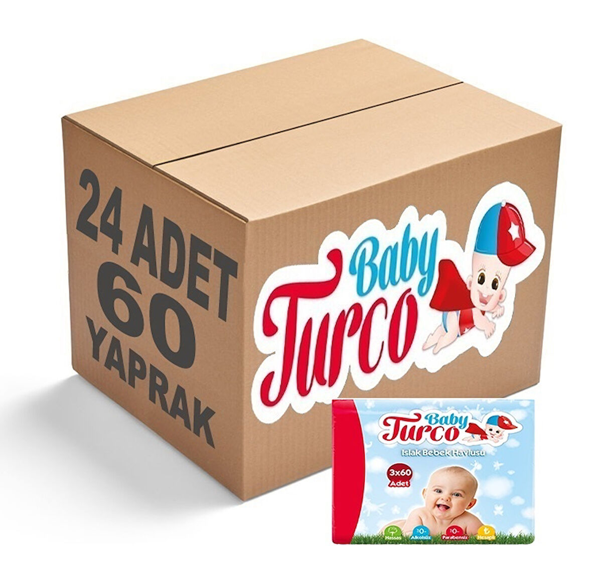 Baby Turco Islak Havlu Mendil Klasik (24 lü Set) 60 Yaprak Plastik Kapaklı (8PK*3)