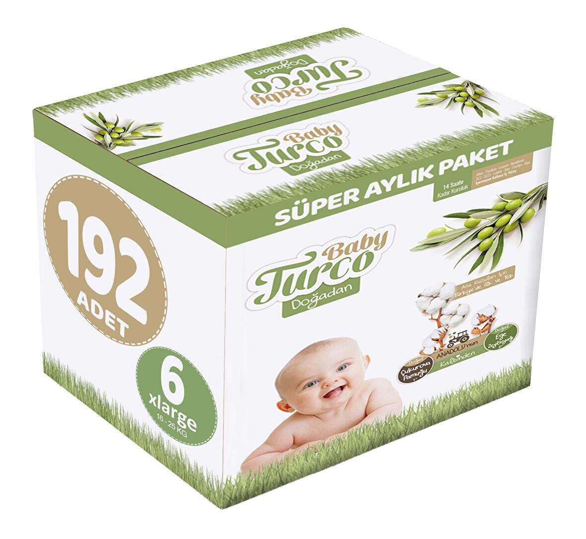 Baby Turco Bebek Bezi Doğadan Beden:6 (16-25Kg) XLarge 192 Adet Süper Aylık Pk