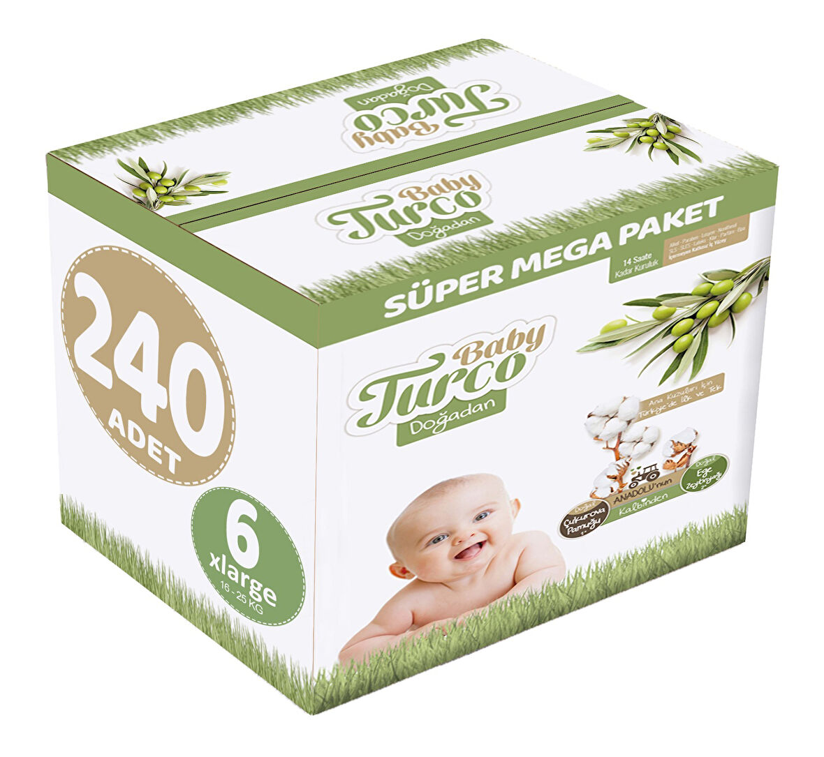 Baby Turco Bebek Bezi Doğadan Beden:6 (16-25Kg) XLarge 240 Adet Süper Mega Pk