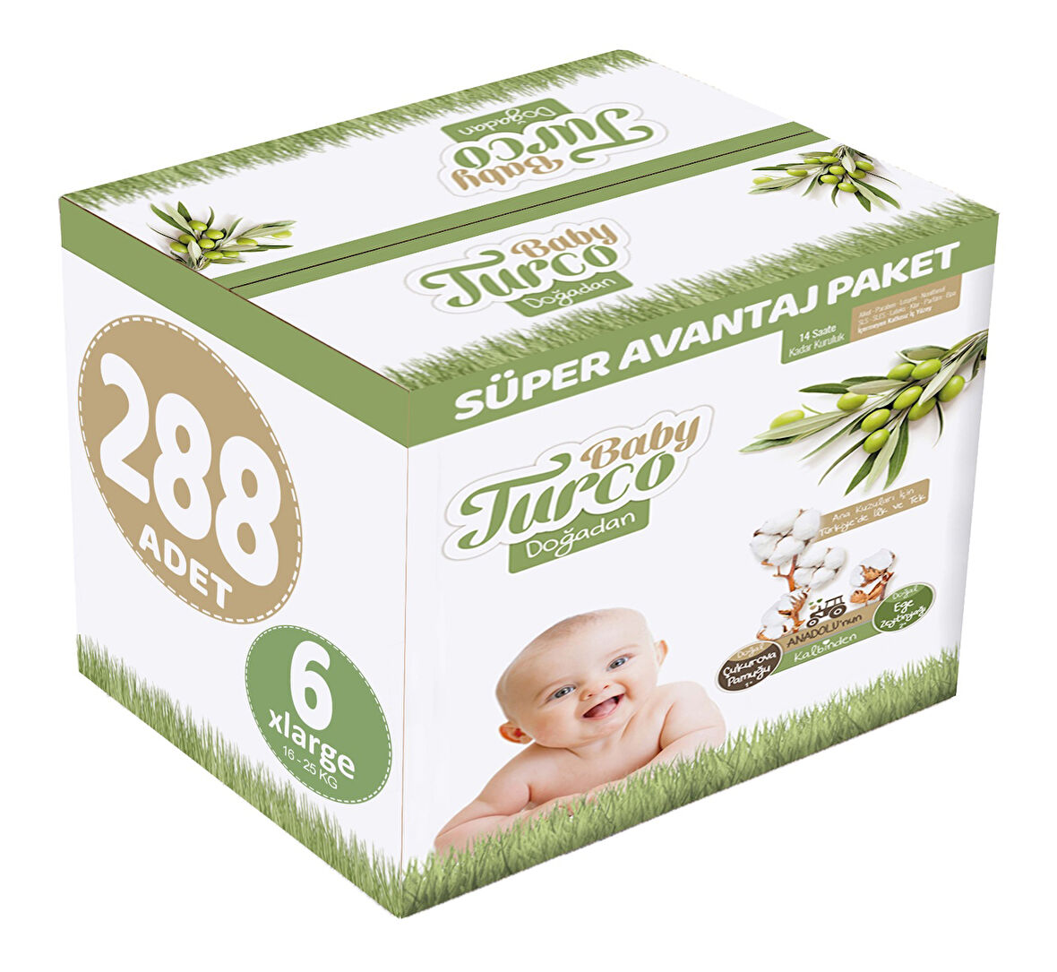 Baby Turco Bebek Bezi Doğadan Beden:6 (16-25Kg) XLarge 288 Adet Süper Avantaj Pk