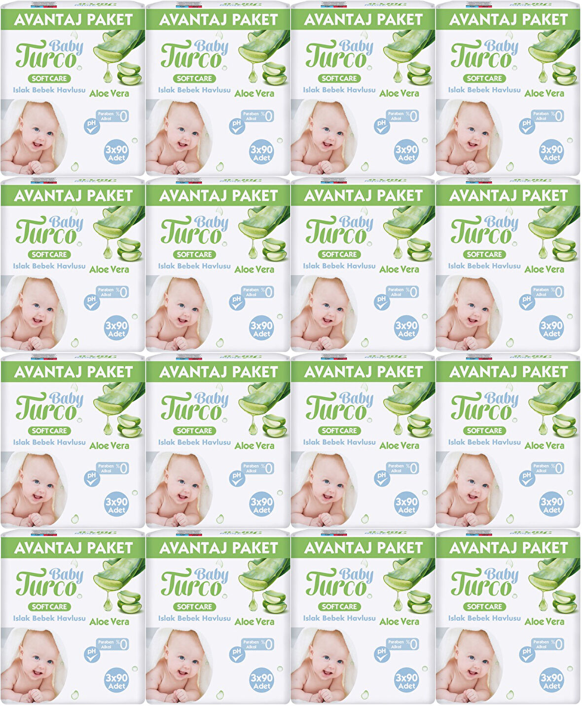 Baby Turco Islak Havlu Mendil Soft Care Aloe Vera 90 Yaprak (48 Li Set) (16PK*3) 4320 Yaprak