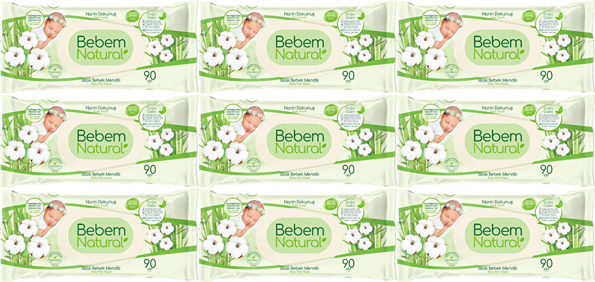 Bebem Natural Islak Bebek Mendili Narin Dokunuş / Yenidoğan 90 Yaprak Plastik Kapaklı 9 Lu Set